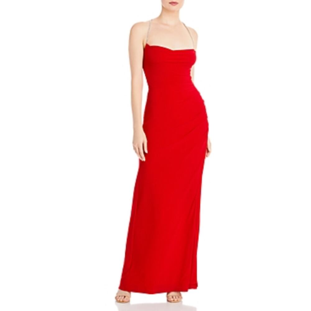 AQUA Beaded Halter Backless Cowl Neck Long Evening Gown Red Size 10 Formal Dress